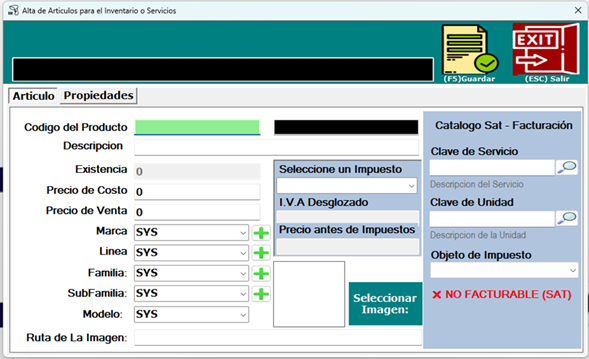 Alta y modificación de artículos con validaciones SAT CFDI 4.0