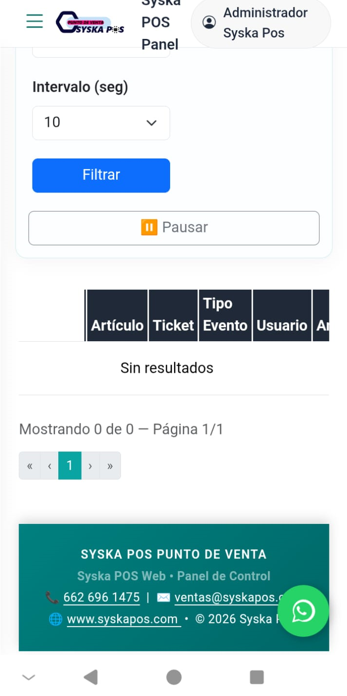 Eventos en tiempo real en la App Web Syska