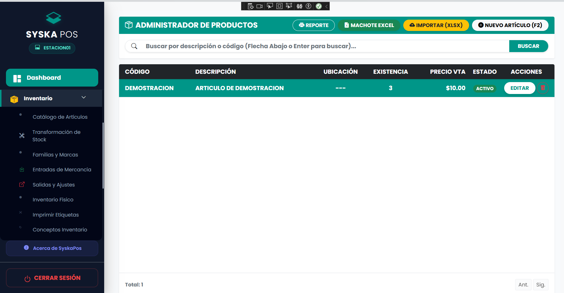 Control de inventarios y stock Syska POS