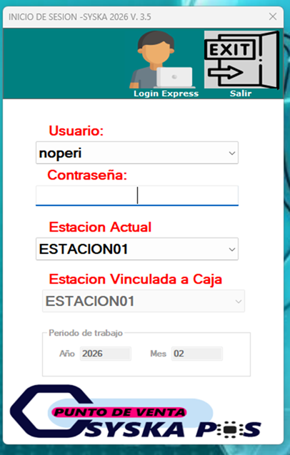 Inicio de sesión Syska POS v3.5 (cambio de estación y usuario)