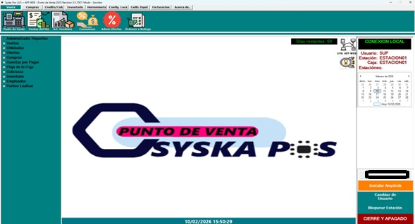 Menú principal Syska POS v3.5 con reportes, atajos y utilidades